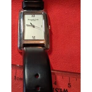 Kenneth Cole Tank Watch Women 25mm Silver Tone Black Leather Band New Battery